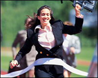 photo of businesswoman sprinting
