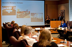 In December 2013, court staff from around the country and AO staff met to discuss the integrated workplace initiative and other workplace solutions that will reduce space costs for the Judiciary.