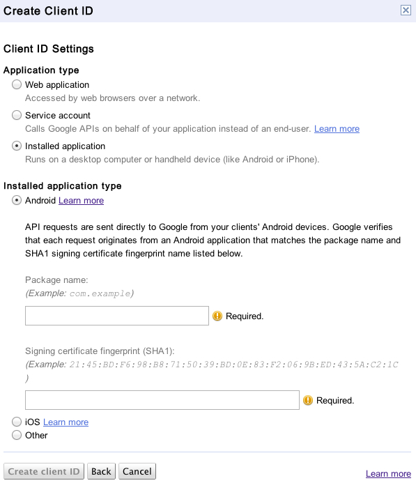 GUI to create a client ID for Android