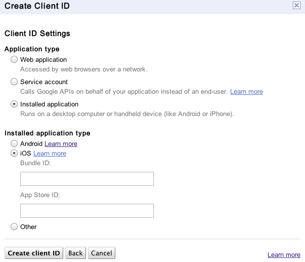 GUI to create a client ID for iOS