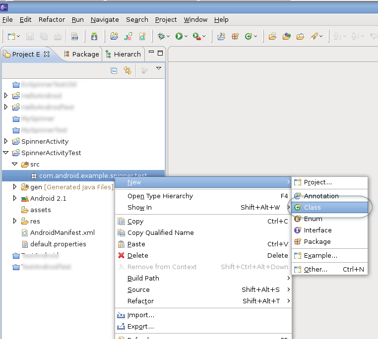 Menu for creating a new class in the test application