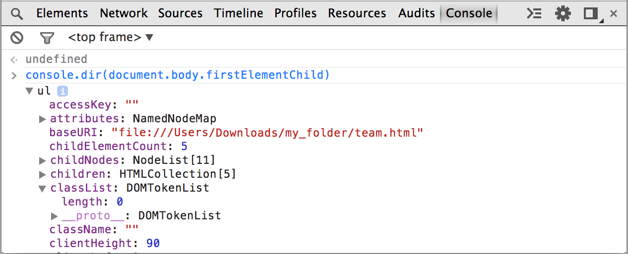 Element logged using dir()