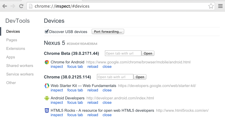 The chrome://inspect page.