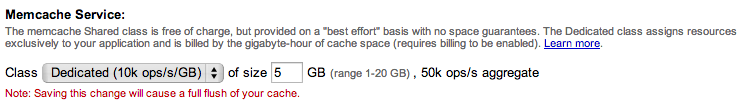 Memcache configuration section in the admin console