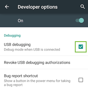 USB debugging settings in Developer options