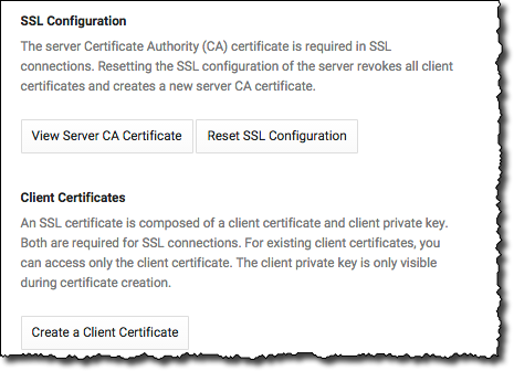 The options after enabling SSL for an instance.