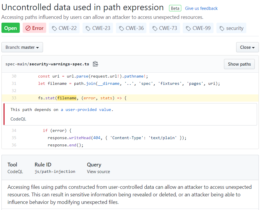 Example alert from code scanning
