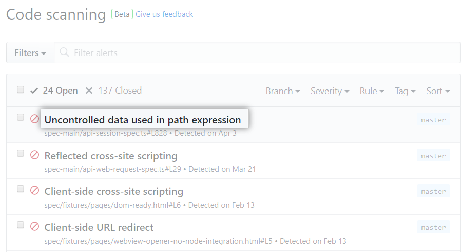 List of alerts from code scanning