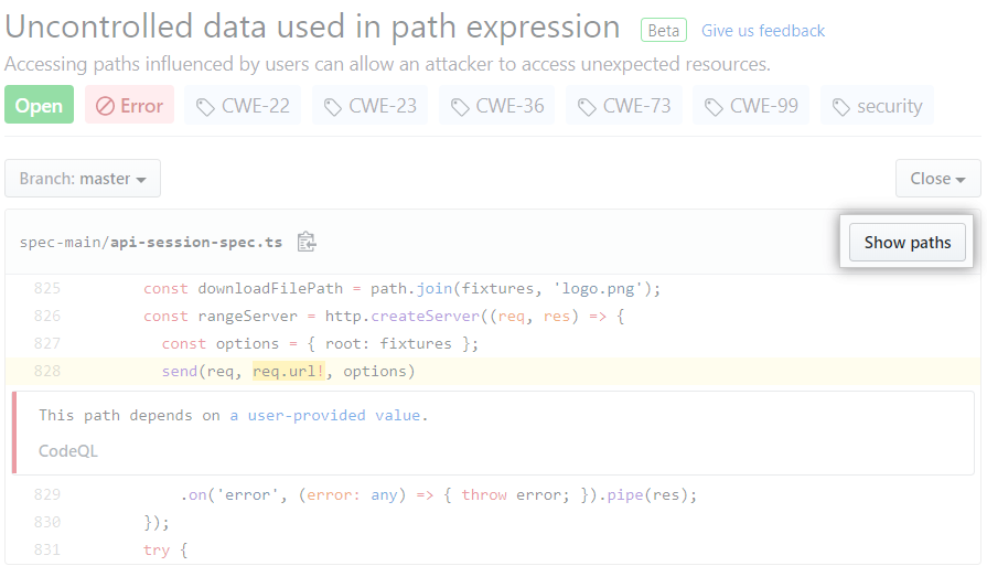 Example data-flow alert