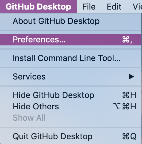 The Preferences value in the GitHub Desktop drop-down menu