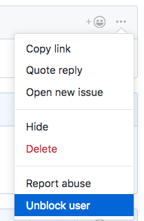The horizontal kebab icon and comment moderation menu showing the unblock user option