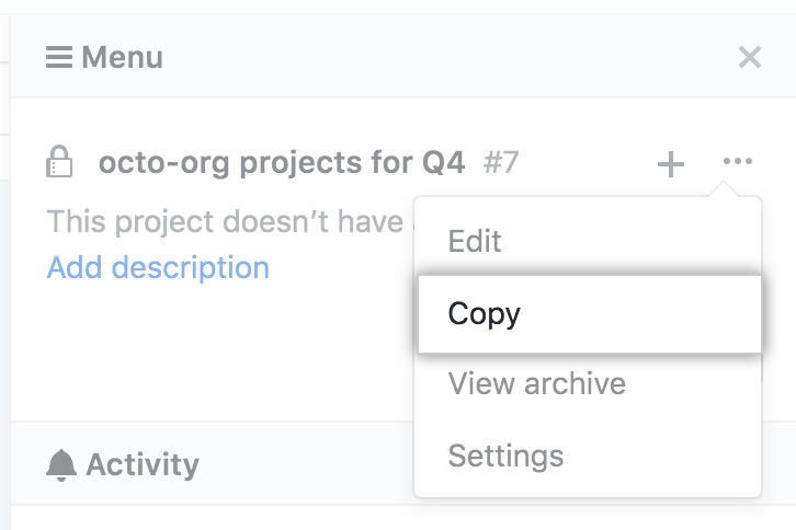 Copy option in drop-down menu from project board sidebar