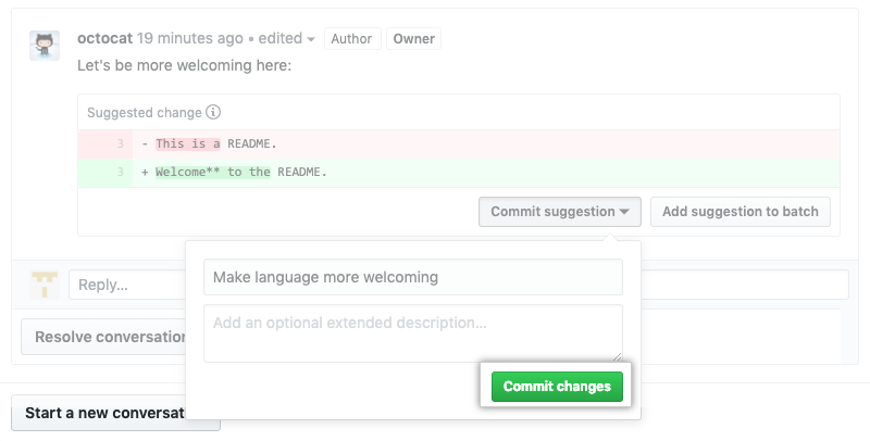 Botón Commit changes (Confirmar cambios)