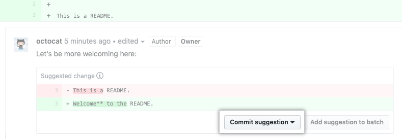 Botón Commit suggestion (Confirmar sugerencia)