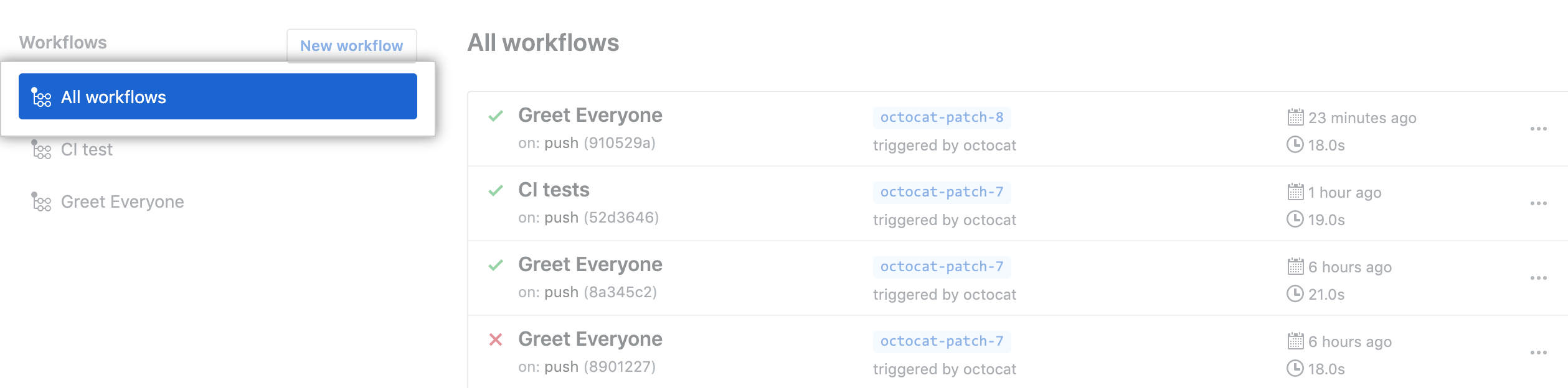 Workflow list in left sidebar