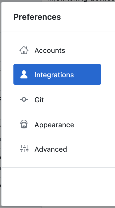 O painel integrações na janela preferências