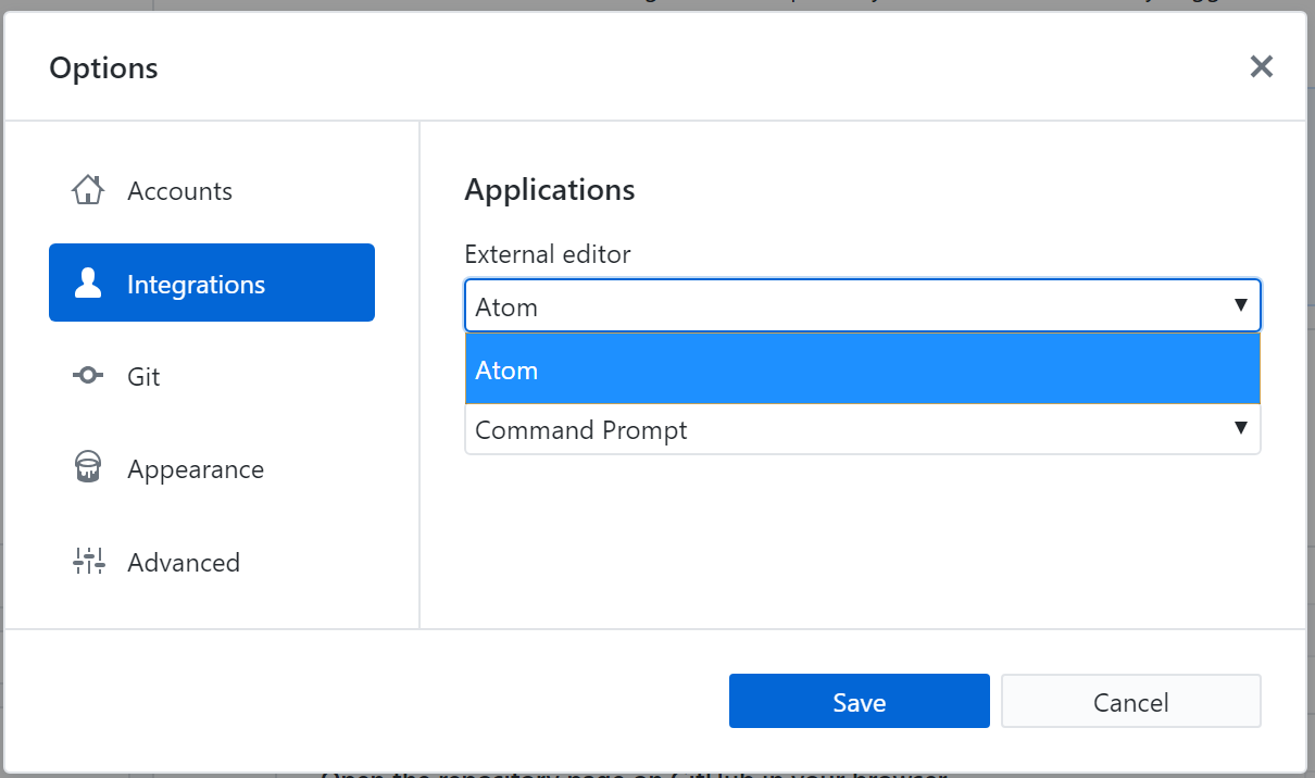 Menu External editor (Editor externo) na barra de menus Options (Opções)