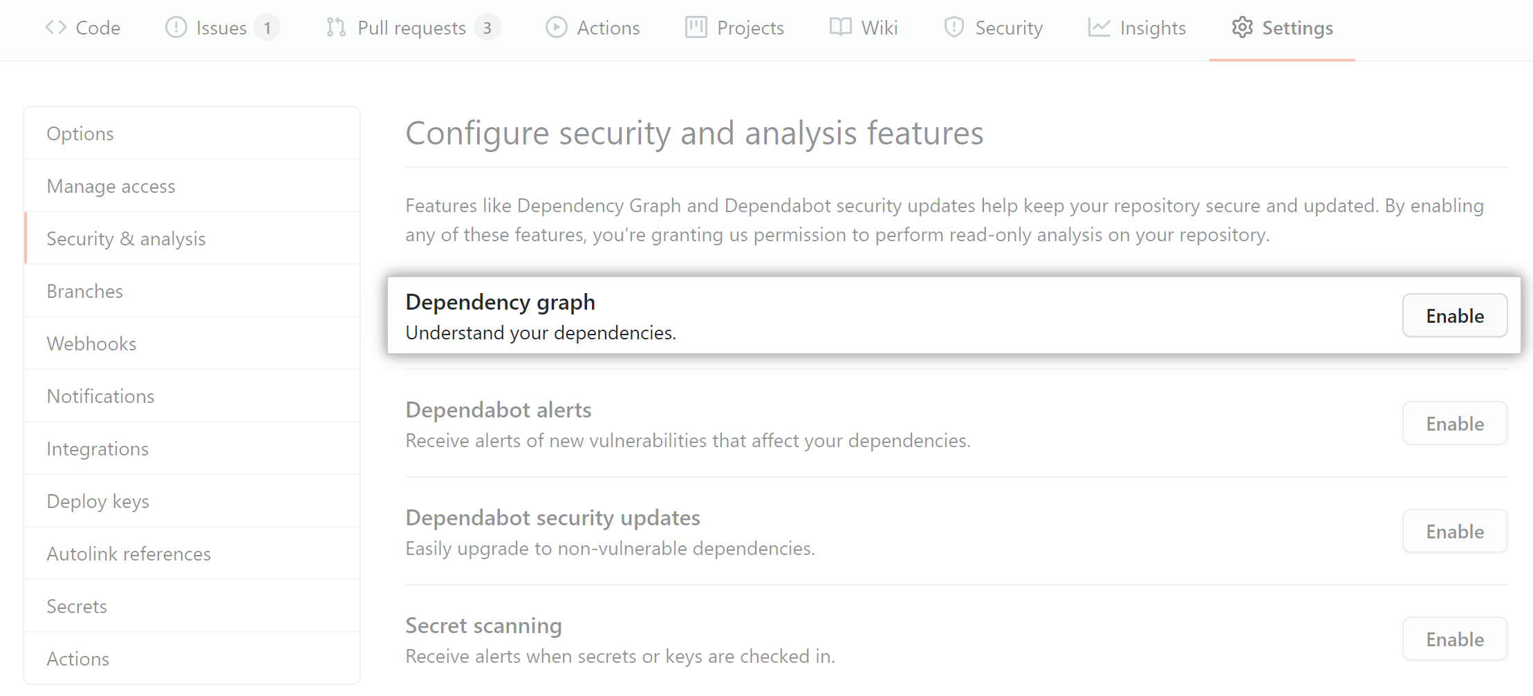 "Enable" button for the dependency graph