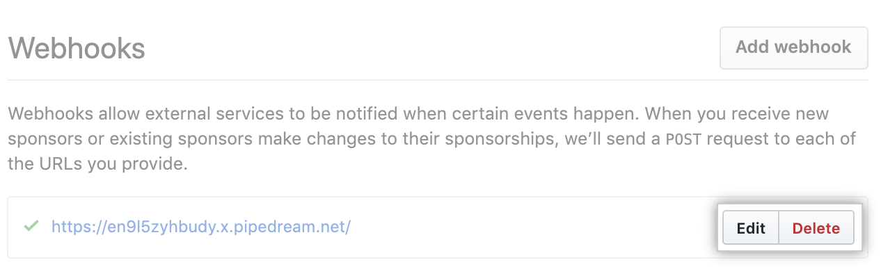Buttons for managing webhook
