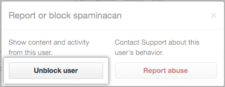 Modal box with option to unblock user or report abuse
