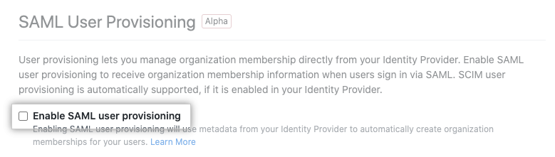 Checkbox to enable user provisioning with SAML
