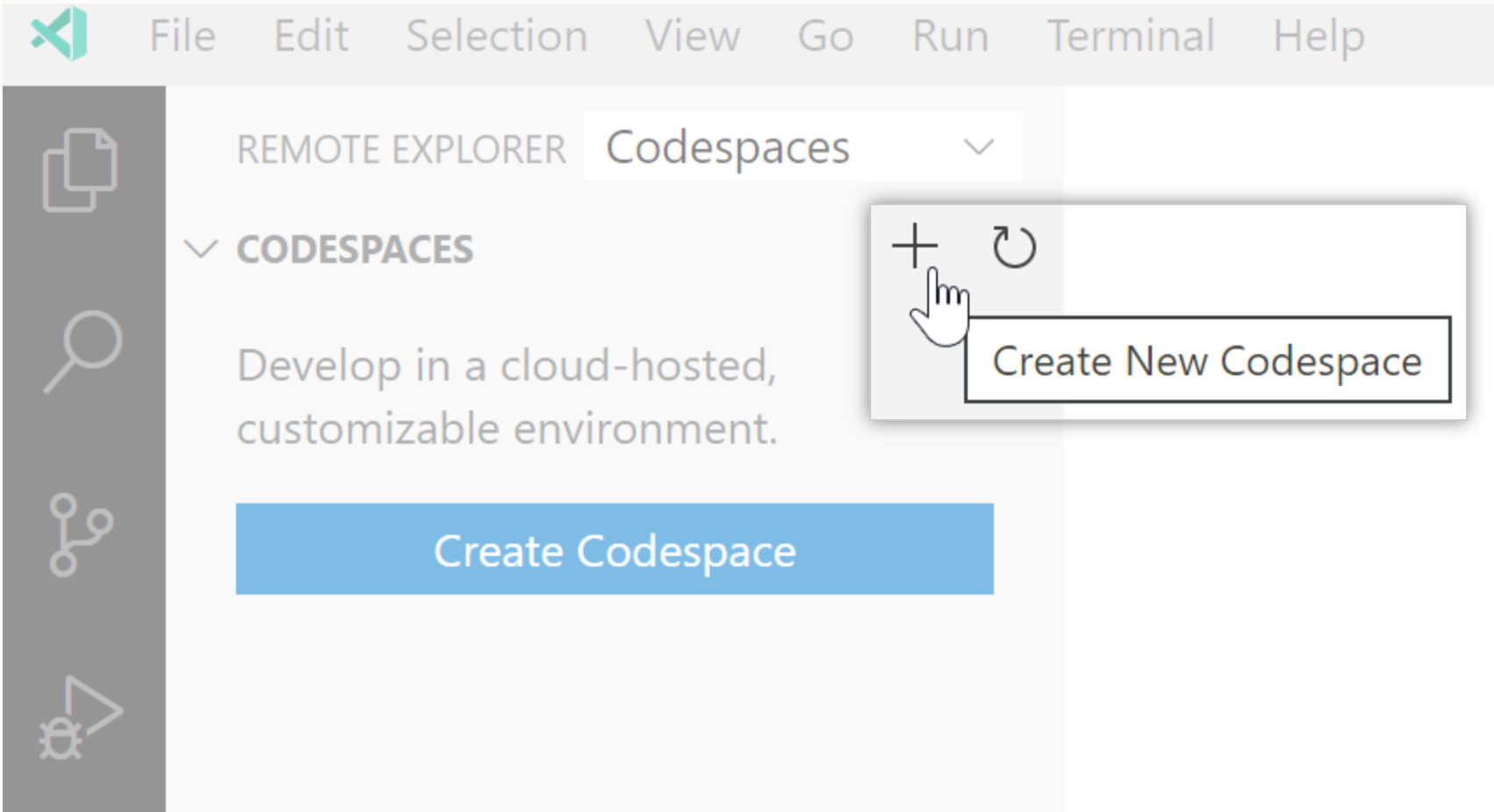 A opção "Criar novo codespace" em Codespaces