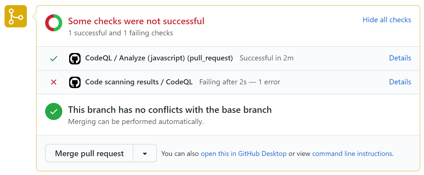 Exemplo de status de verificação de pull request com alerta de Varredura de código