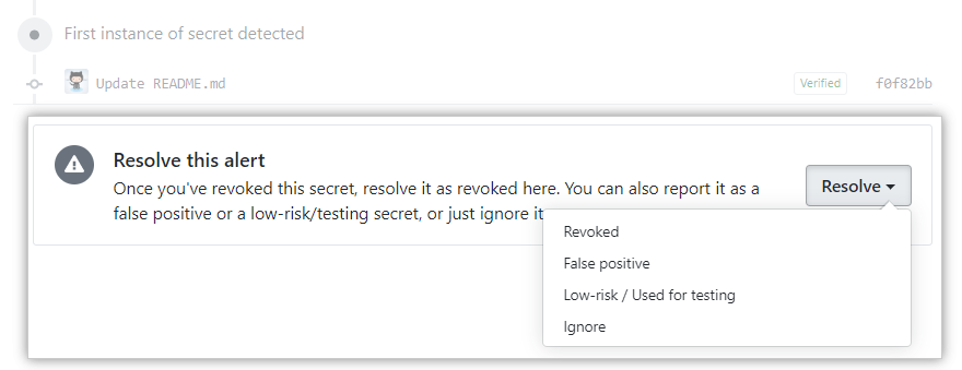 Menu suspenso para resolver um alerta do escaneamento de segredo