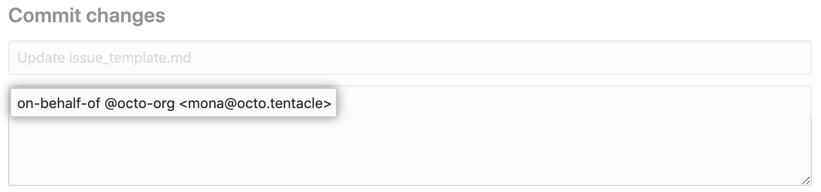 Beispiel für on-behalf-of-Trailer in Commit-Mitteilung im Textfeld der zweiten Commit-Mitteilung