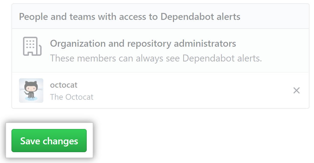 Botón de "Guardar cambios" para los cambios en la configuración de alertas del Dependabot