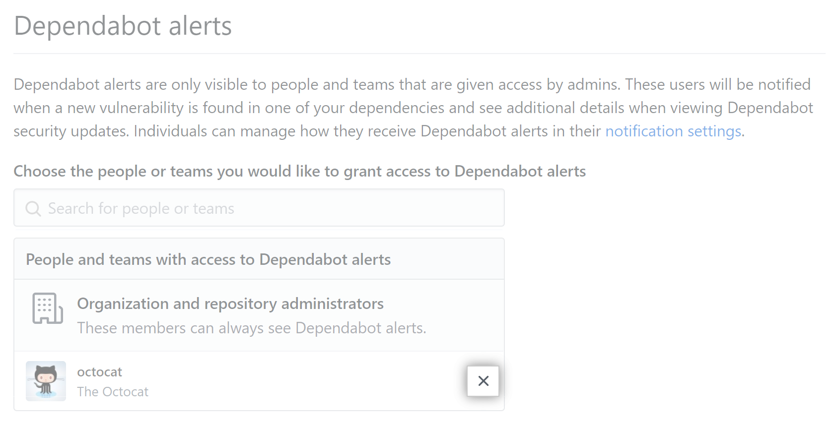Botón de "x" para eliminar el acceso de alguien a las alertas del Dependabot de tu repositorio