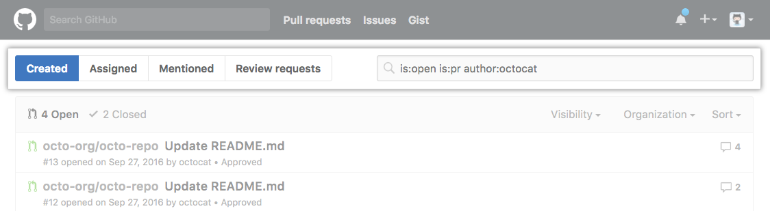 Liste der Pull Requests mit dem Filter "Created" (erstellt) ausgewählt