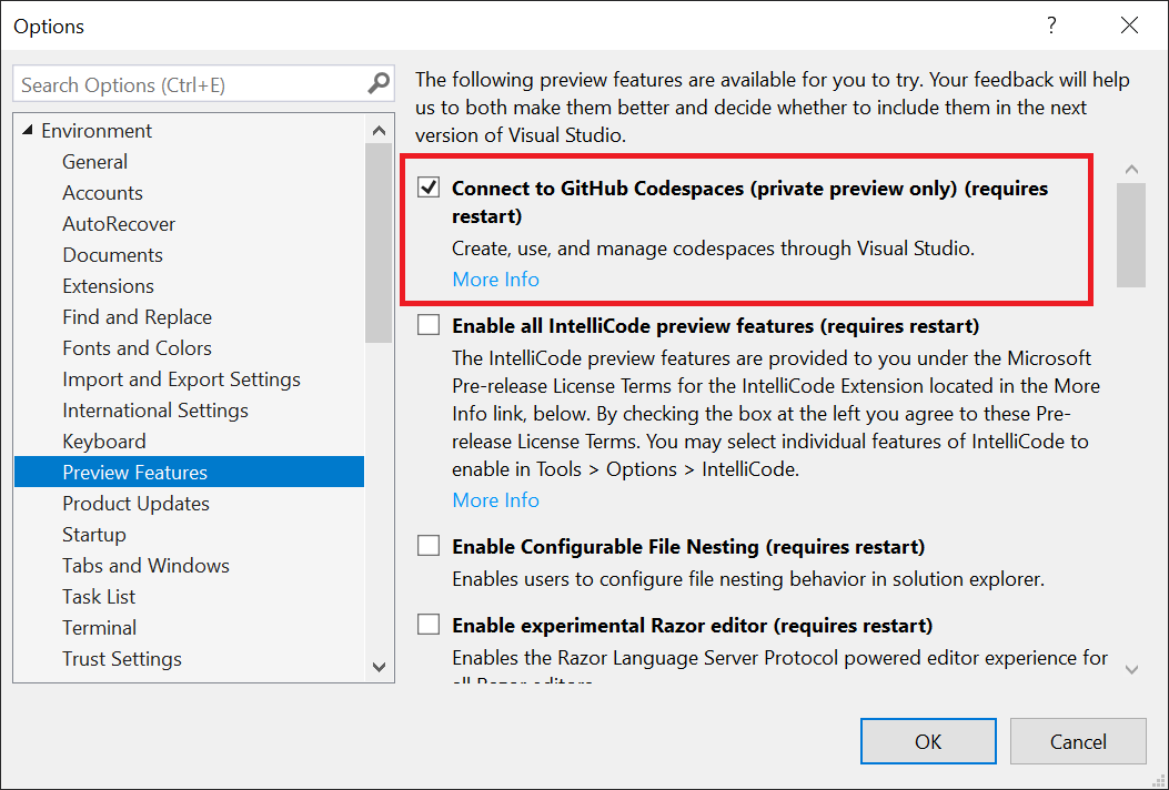 选中“连接到 GitHub Codespaces 预览功能”