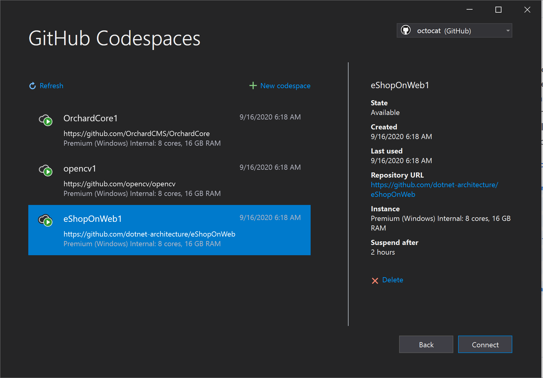 显示可用代码空间和详细信息的 Visual Studio