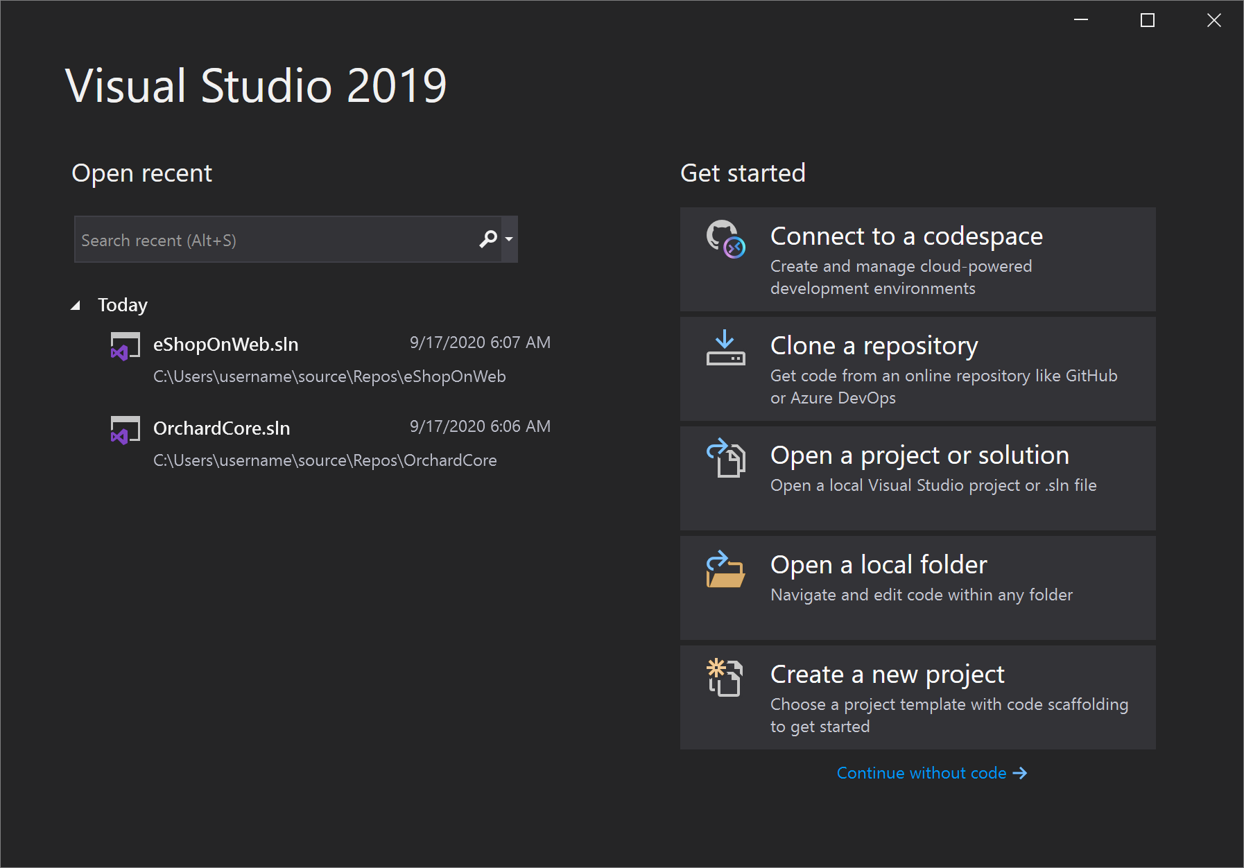 带有“连接到代码空间”的 Visual Studio 开始窗口