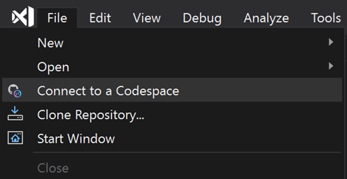 Visual Studio File Connect to a codespace menu item