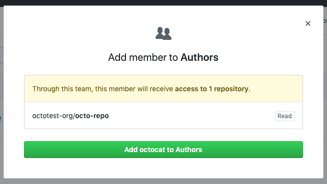 Cuadro modal con listado de repositorios a los que tendrá acceso el nuevo miembro del equipo y botón de confirmación