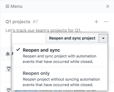 Dropdownmenü „Reopen closed project board" (Erneutes Öffnen eines geschlossenen Projektboards)