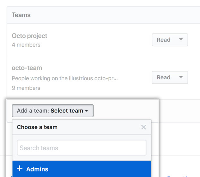 Dropdownmenü zum Hinzufügen von Teams mit Liste der Teams der Organisation