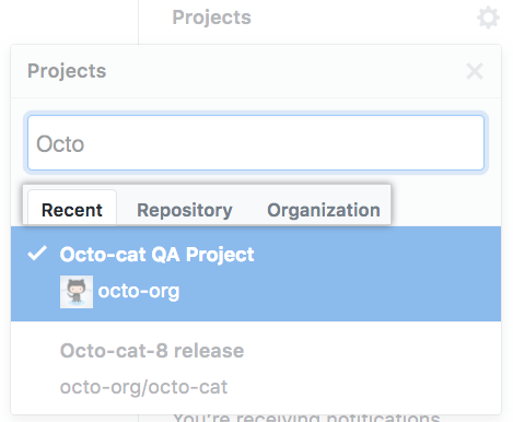 Registerkarten „Recent“ (Zuletzt verwendet), „Repository“ (Repository) und „Organization“ (Organisation)