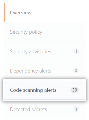 Registerkarte "Code scanning alerts" (Code-Scan-Warnungen)