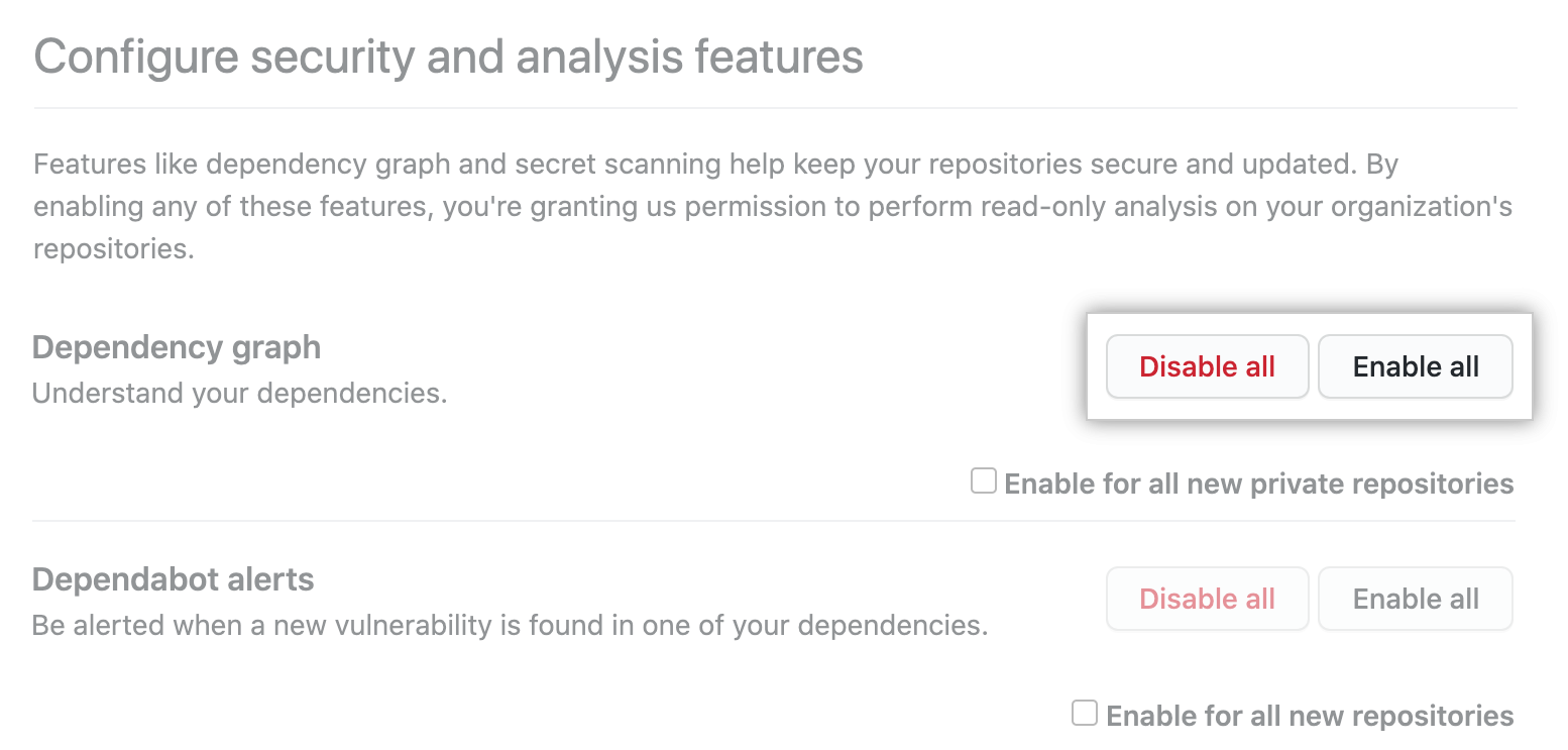 "Enable all" or "Disable all" button for "Configure security and analysis" features