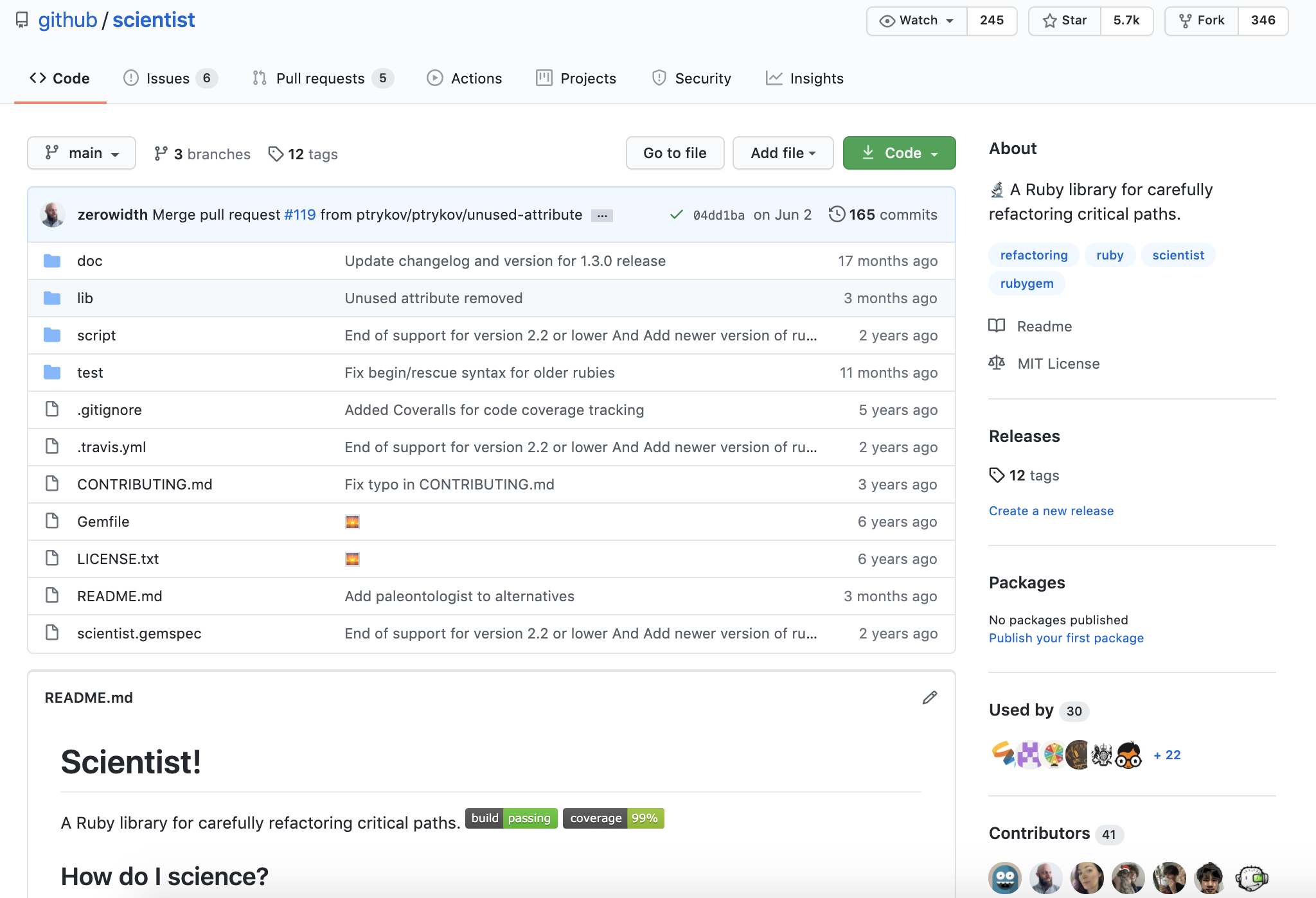 Hauptseite des github/scientist-Repositorys und seiner README-Datei