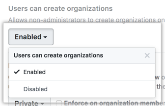 Dropdownmenü „Users can create organizations“ (Benutzer können Organisationen erstellen)