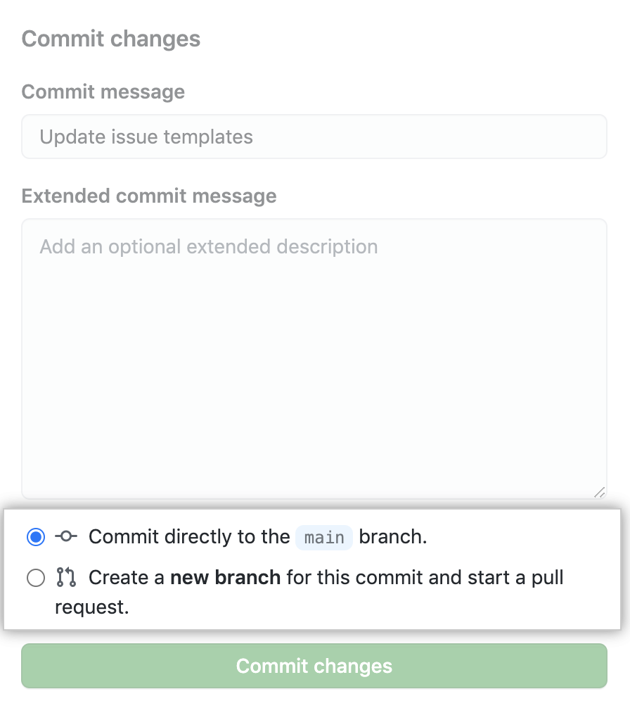 Commit do modelo de problema com opção para principal ou abrir pull request
