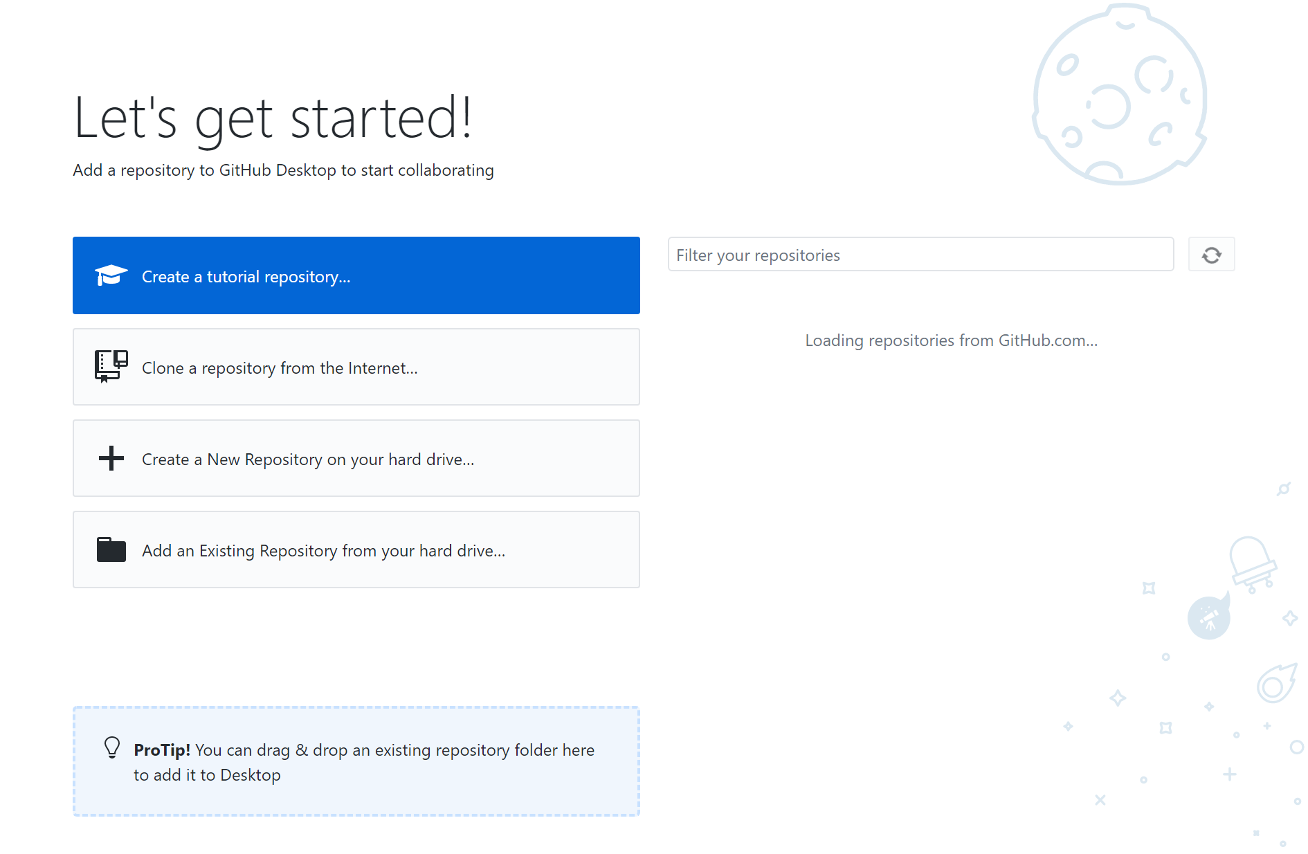 The Let's get started! screen