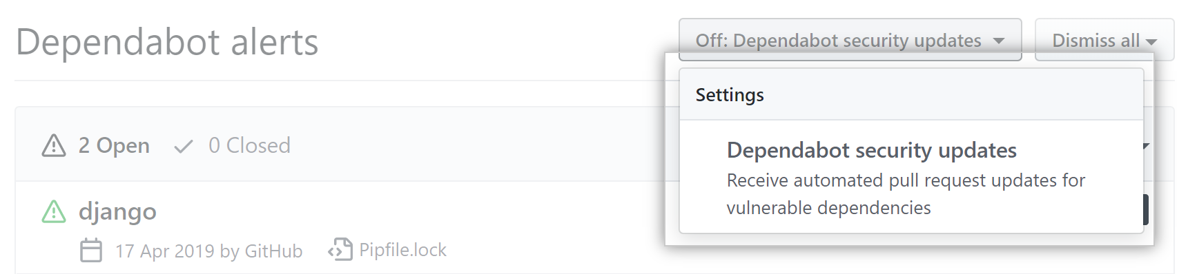 Menu suspenso com a opção de ativar Atualizações de segurança do GitHub Dependabot