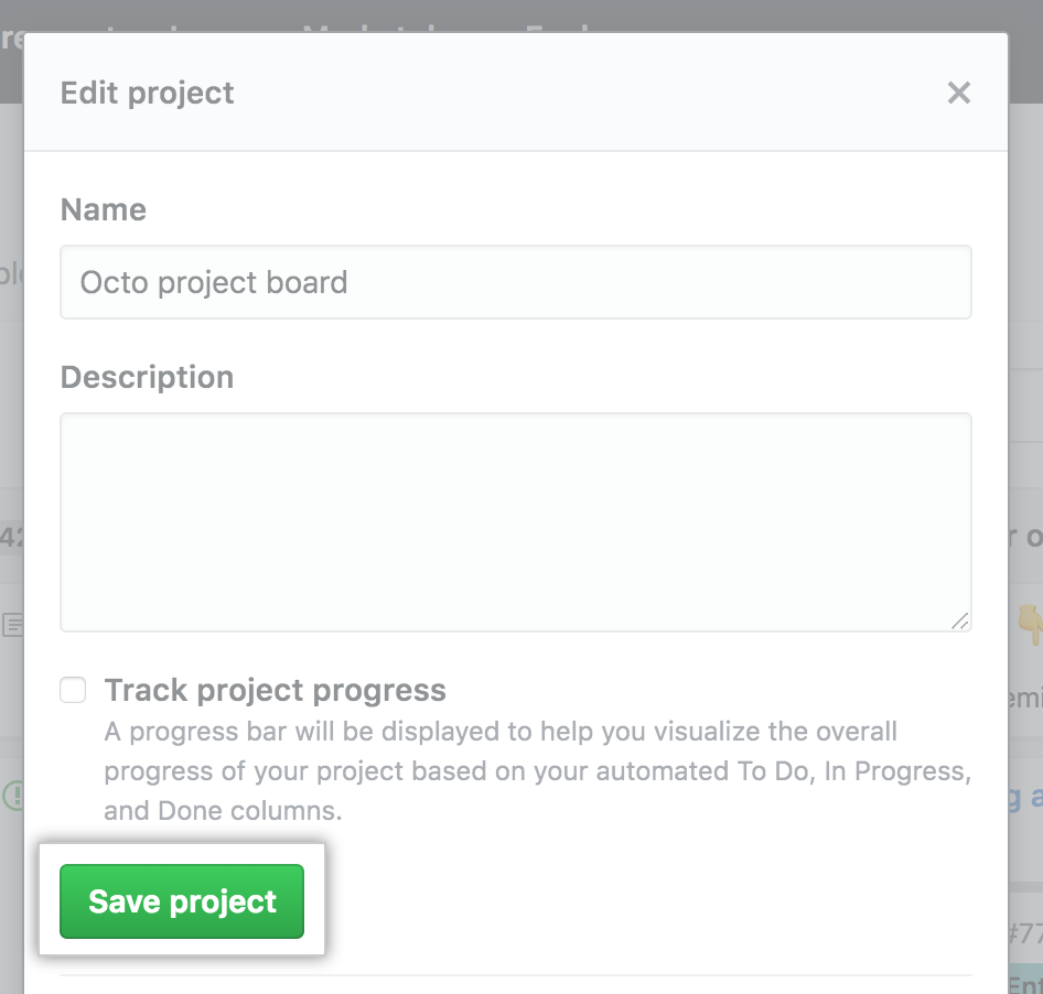 带有项目板名称和说明的字段，以及保存项目按钮