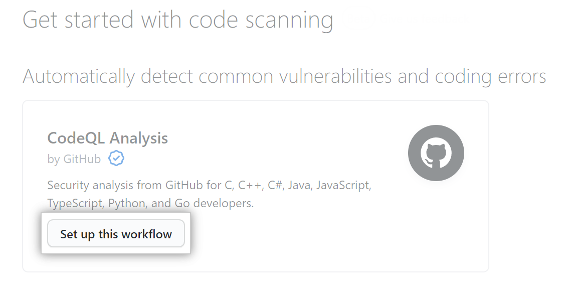 "Set up this workflow" button under "Get started with code scanning" heading