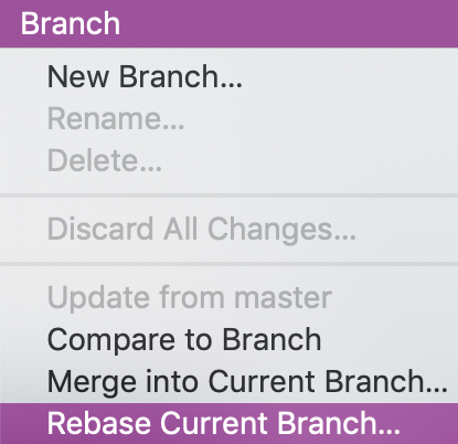 Rebase do branch atual na lista suspensa de branches